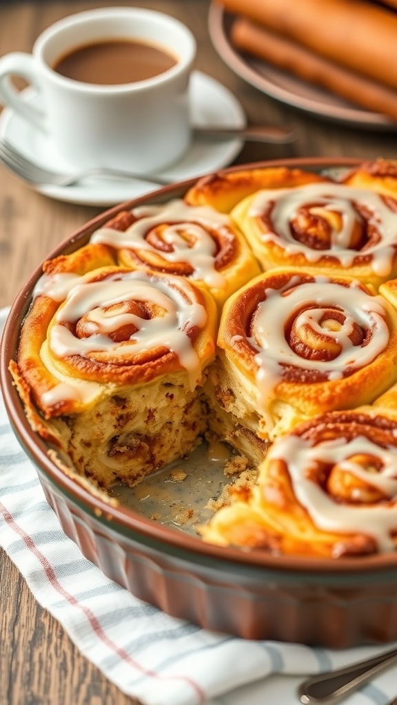 Easy Cinnamon Roll Casserole Recipe A golden brown cinnamon roll casserole drizzled with icing, served in a baking dish with a cozy kitchen backdrop.